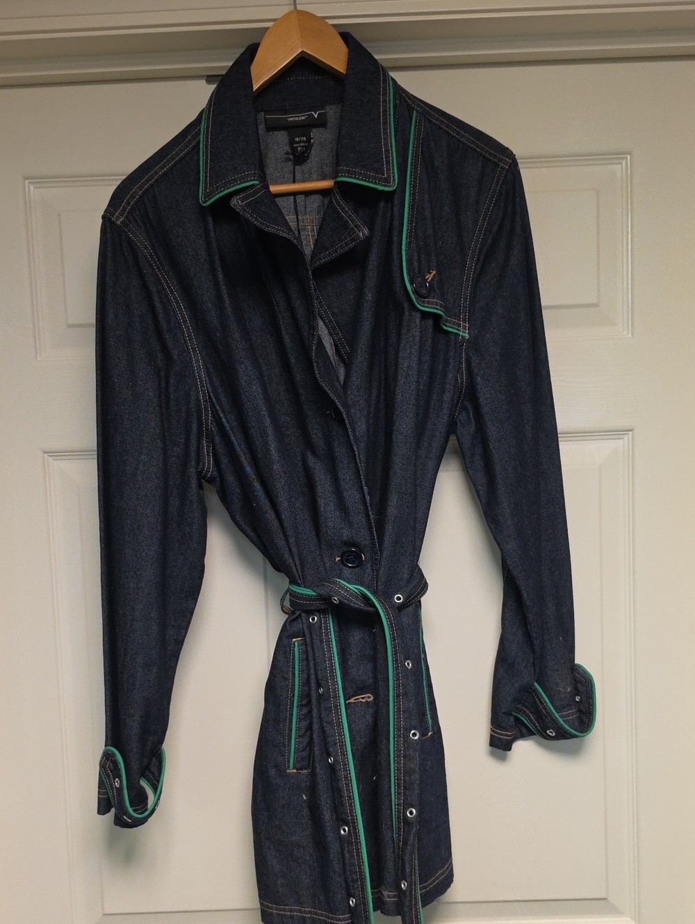 Venezia Dark Indigo Denim Trench Coat with Green Piping